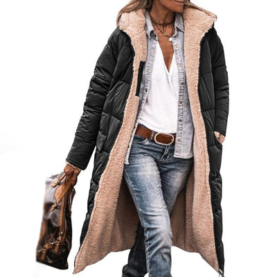Langer Wintermantel – mit Fleece gefüttert – mit Kapuze – langer Daunenmantel – langer Damenmantel