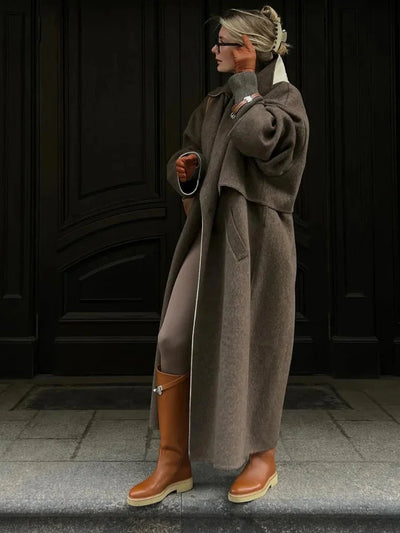 Langer Wollmantel – Braun – Oversize – Trenchcoat aus Wolle – Wintermäntel und -jacken für Damen