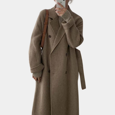 Langer Wollmantel | Zweireiher | Gürtel | Übergroßer Wollmantel | Langer Wintermantel für Damen