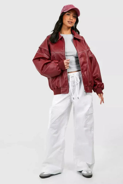 Leder-Bomberjacke – Oversize – mit Reißverschluss – Herbstjacke – Damenjacken