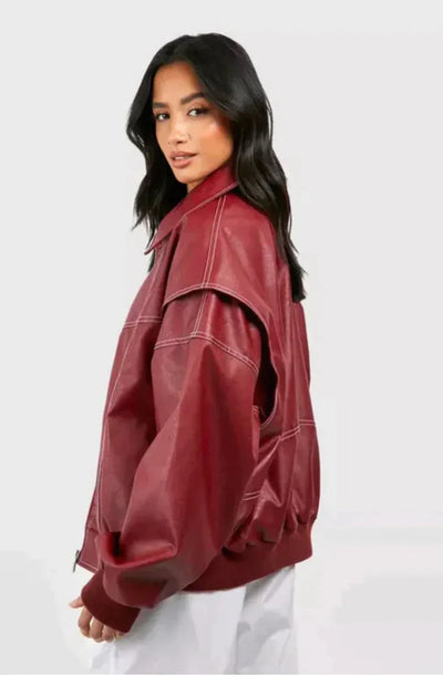 Leder-Bomberjacke – Oversize – mit Reißverschluss – Herbstjacke – Damenjacken