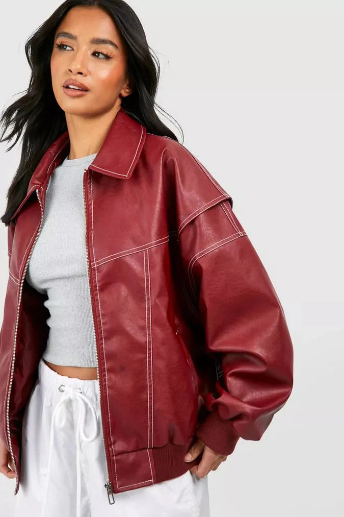 Leder-Bomberjacke – Oversize – mit Reißverschluss – Herbstjacke – Damenjacken
