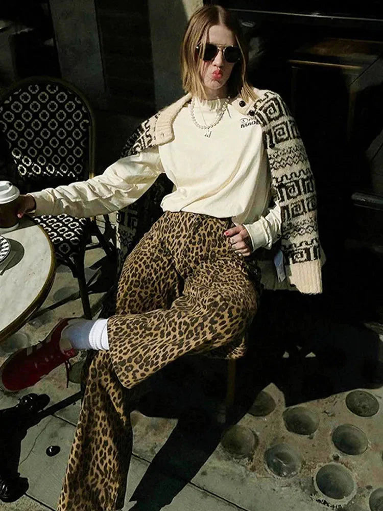 Leopard Jeans – Damenhose mit weitem Schnitt, hoher Taille und weitem Bein