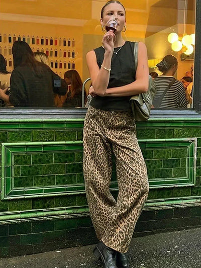 Leopard Jeans – Damenhose mit weitem Schnitt, hoher Taille und weitem Bein