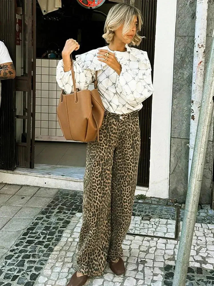 Leopard Jeans – Damenhose mit weitem Schnitt, hoher Taille und weitem Bein