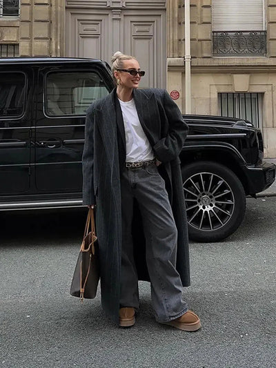 Long Coat – Übergroße, gestreifte, lange Damen-Blazerjacke