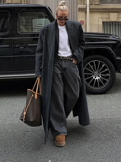 Long Coat – Übergroße, gestreifte, lange Damen-Blazerjacke