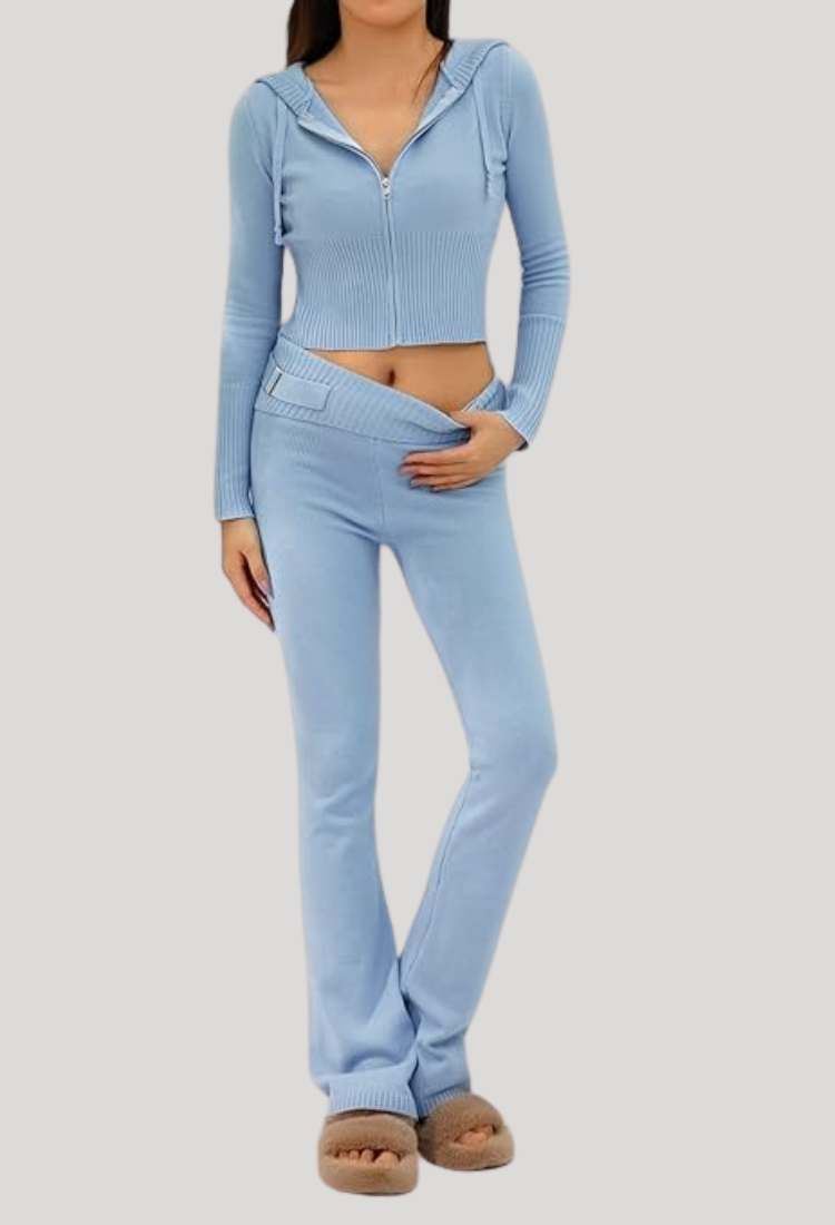 Lounge-Set | Reißverschluss | Kapuze | Zweiteiler aus Strick | Loungewear für Damen