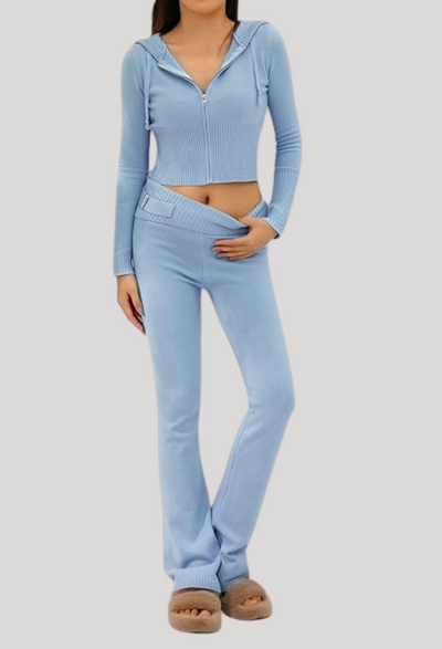 Lounge-Set | Reißverschluss | Kapuze | Zweiteiler aus Strick | Loungewear für Damen