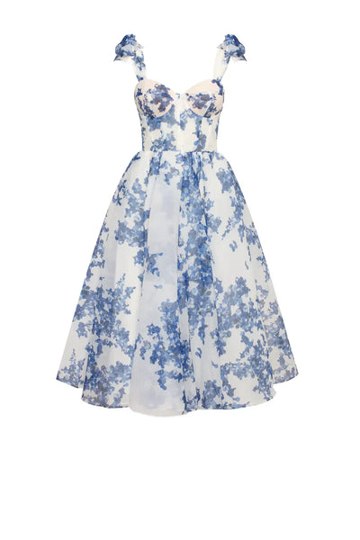 Alora - blau Organza midi Kleid mit hortensia Muster