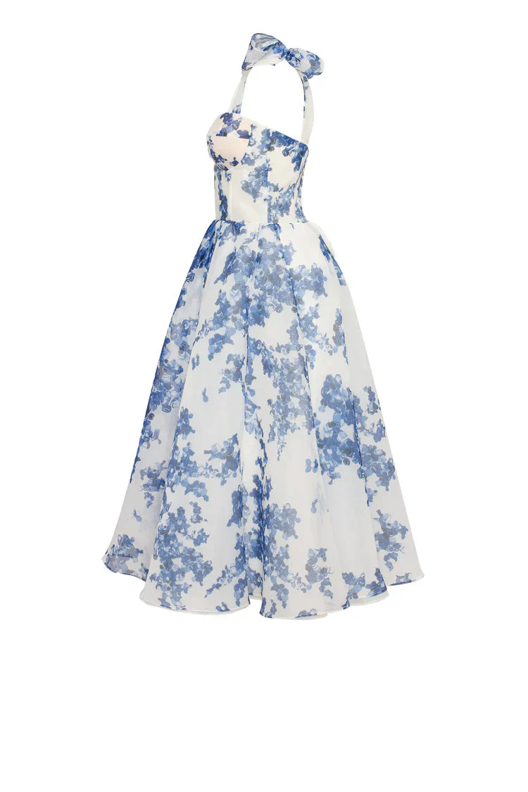 Alora - blau Organza midi Kleid mit hortensia Muster