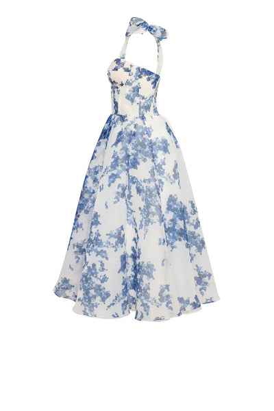 Alora - blau Organza midi Kleid mit hortensia Muster