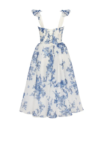 Alora - blau Organza midi Kleid mit hortensia Muster