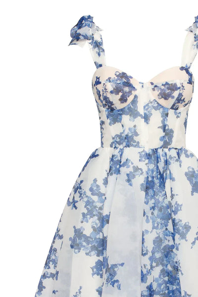 Alora - blau Organza midi Kleid mit hortensia Muster