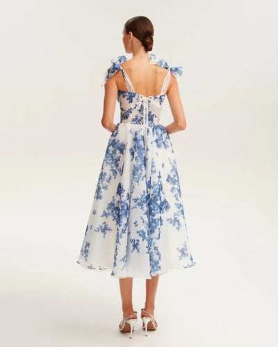 Alora - blau Organza midi Kleid mit hortensia Muster