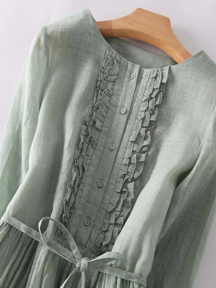 Maxikleid - Halbe Ärmel Baumwolle Langes Leinenkleid für den Sommer