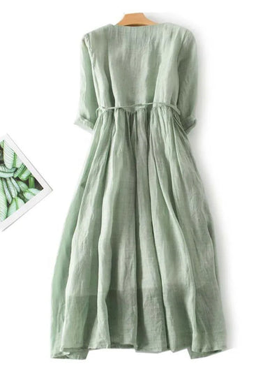 Maxikleid - Halbe Ärmel Baumwolle Langes Leinenkleid für den Sommer