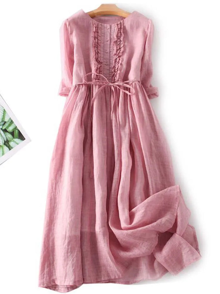 Maxikleid - Halbe Ärmel Baumwolle Langes Leinenkleid für den Sommer