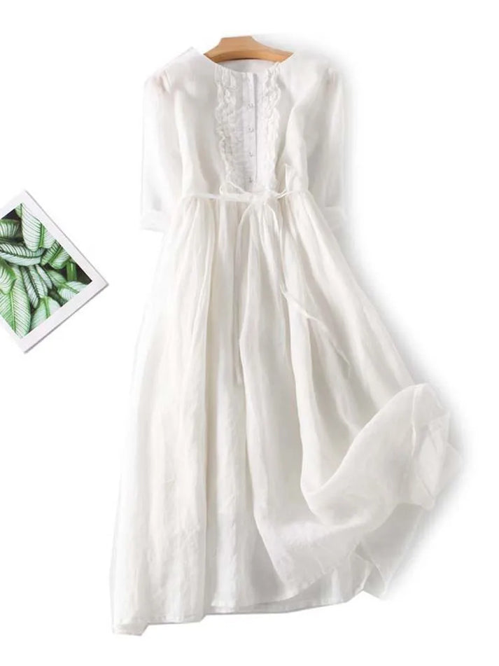 Maxikleid - Halbe Ärmel Baumwolle Langes Leinenkleid für den Sommer