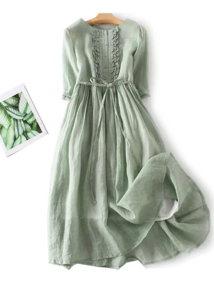 Maxikleid - Halbe Ärmel Baumwolle Langes Leinenkleid für den Sommer