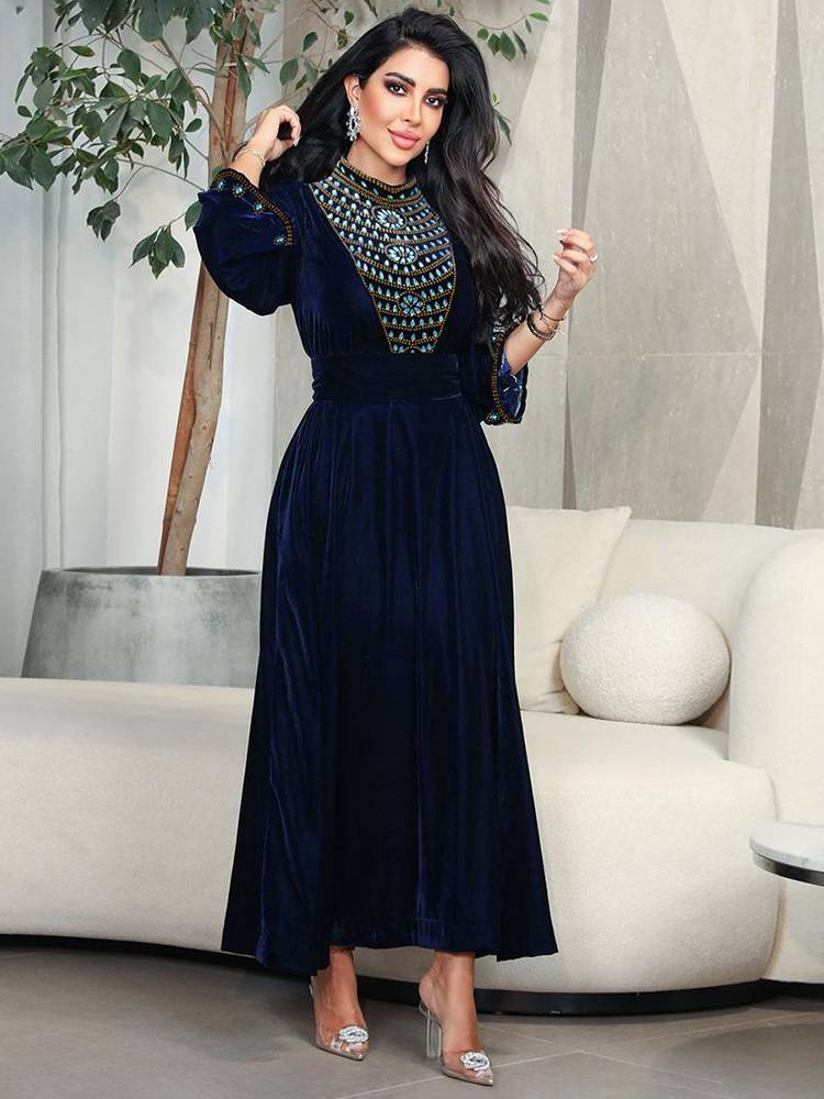 Maxikleid | Hoher Kragen | Blau | Elegantes Kleid | Langarmkleid