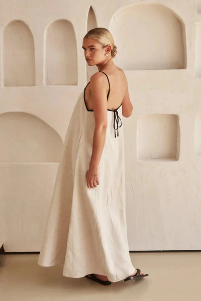 Ärmelloses Beiges Boho Maxi Kleid im Leinen-Look – Elin