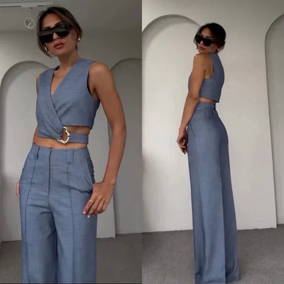Serena - trendy zwei Stück Satz mit verkürztem Oberteil und hoher Taille weitem Bein Hosen für a modernen und eleganten Aussehen