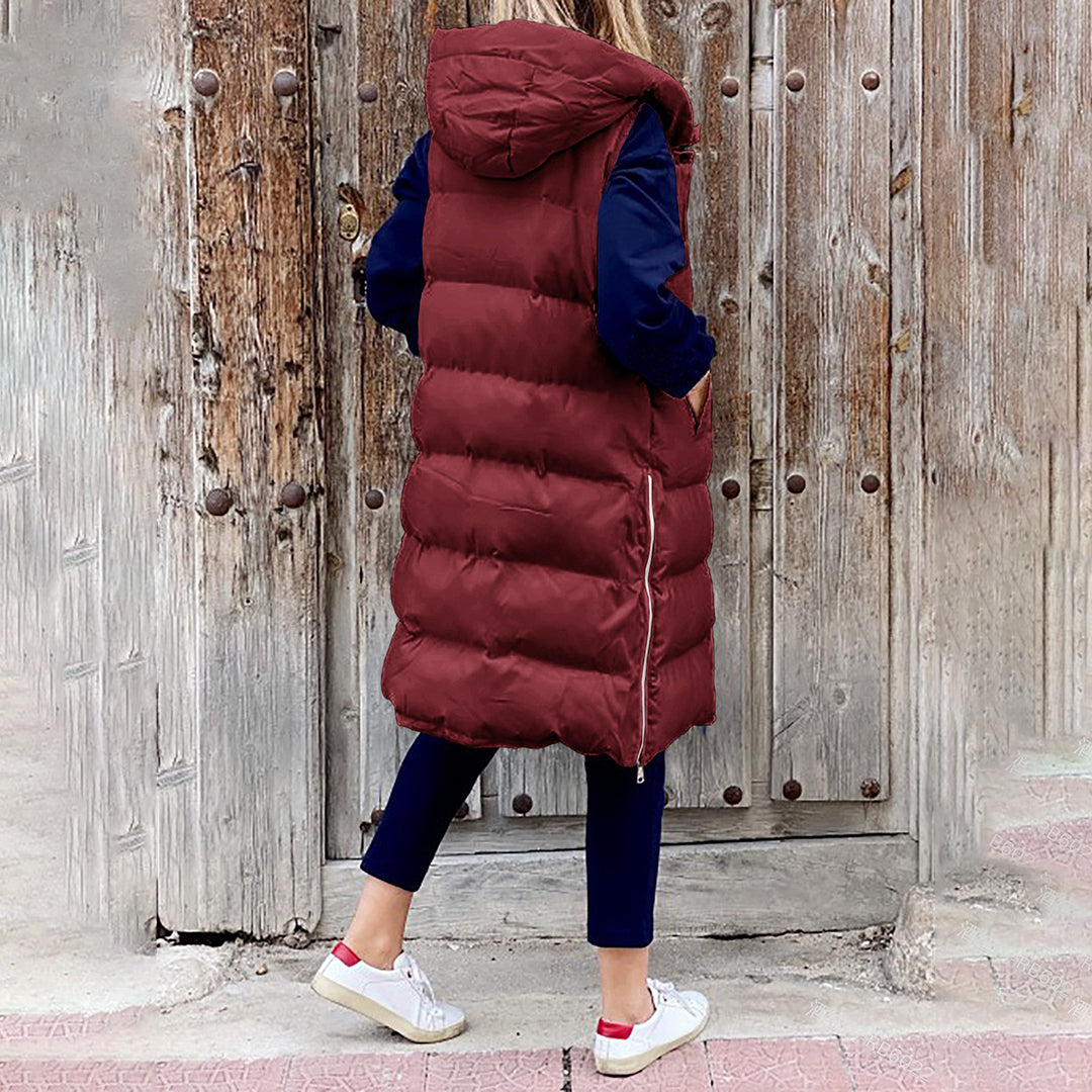 Puffer-Weste | Lang | Mit Kapuze | Körperwärmer | Winterkleidung für Damen
