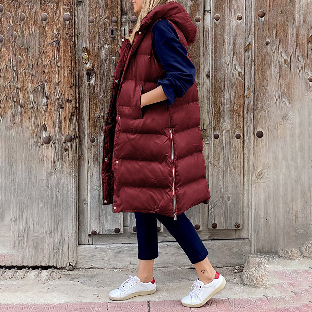 Puffer-Weste | Lang | Mit Kapuze | Körperwärmer | Winterkleidung für Damen