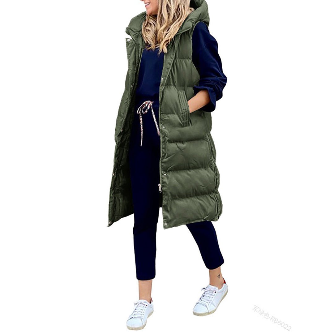 Puffer-Weste | Lang | Mit Kapuze | Körperwärmer | Winterkleidung für Damen