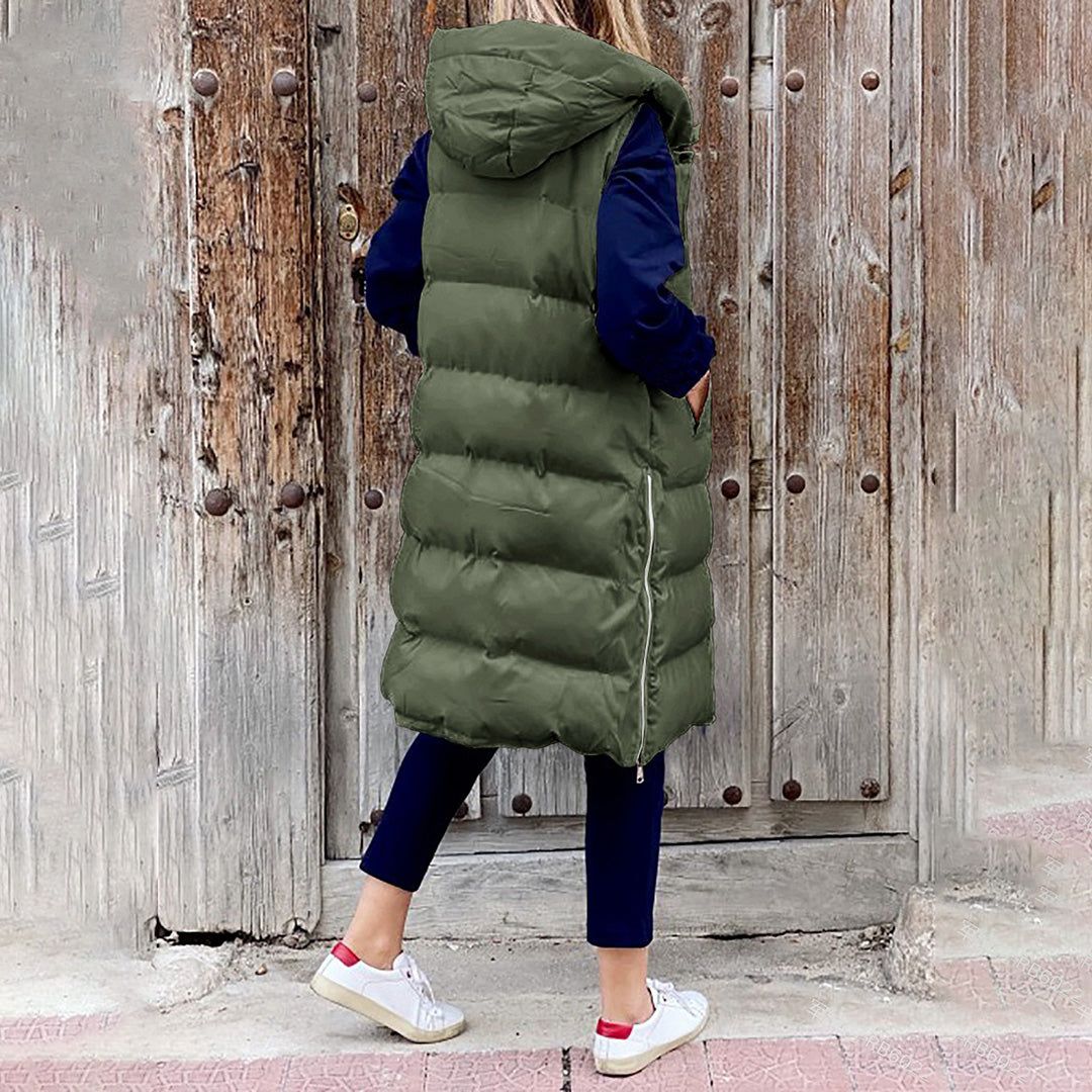 Puffer-Weste | Lang | Mit Kapuze | Körperwärmer | Winterkleidung für Damen