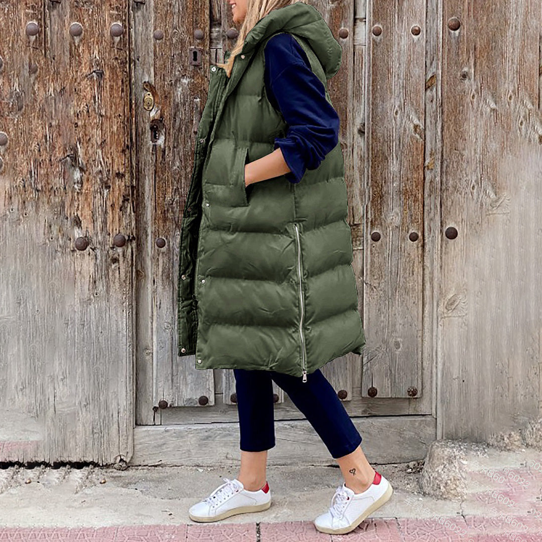 Puffer-Weste | Lang | Mit Kapuze | Körperwärmer | Winterkleidung für Damen
