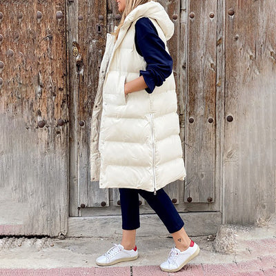 Puffer-Weste | Lang | Mit Kapuze | Körperwärmer | Winterkleidung für Damen