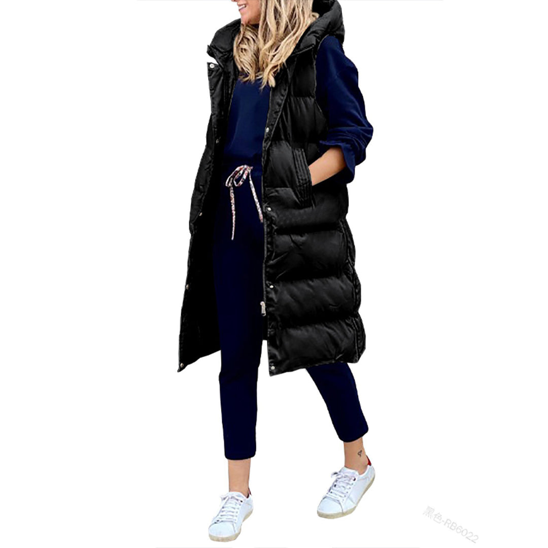 Puffer-Weste | Lang | Mit Kapuze | Körperwärmer | Winterkleidung für Damen