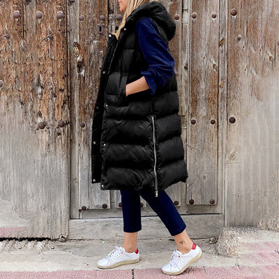 Puffer-Weste | Lang | Mit Kapuze | Körperwärmer | Winterkleidung für Damen
