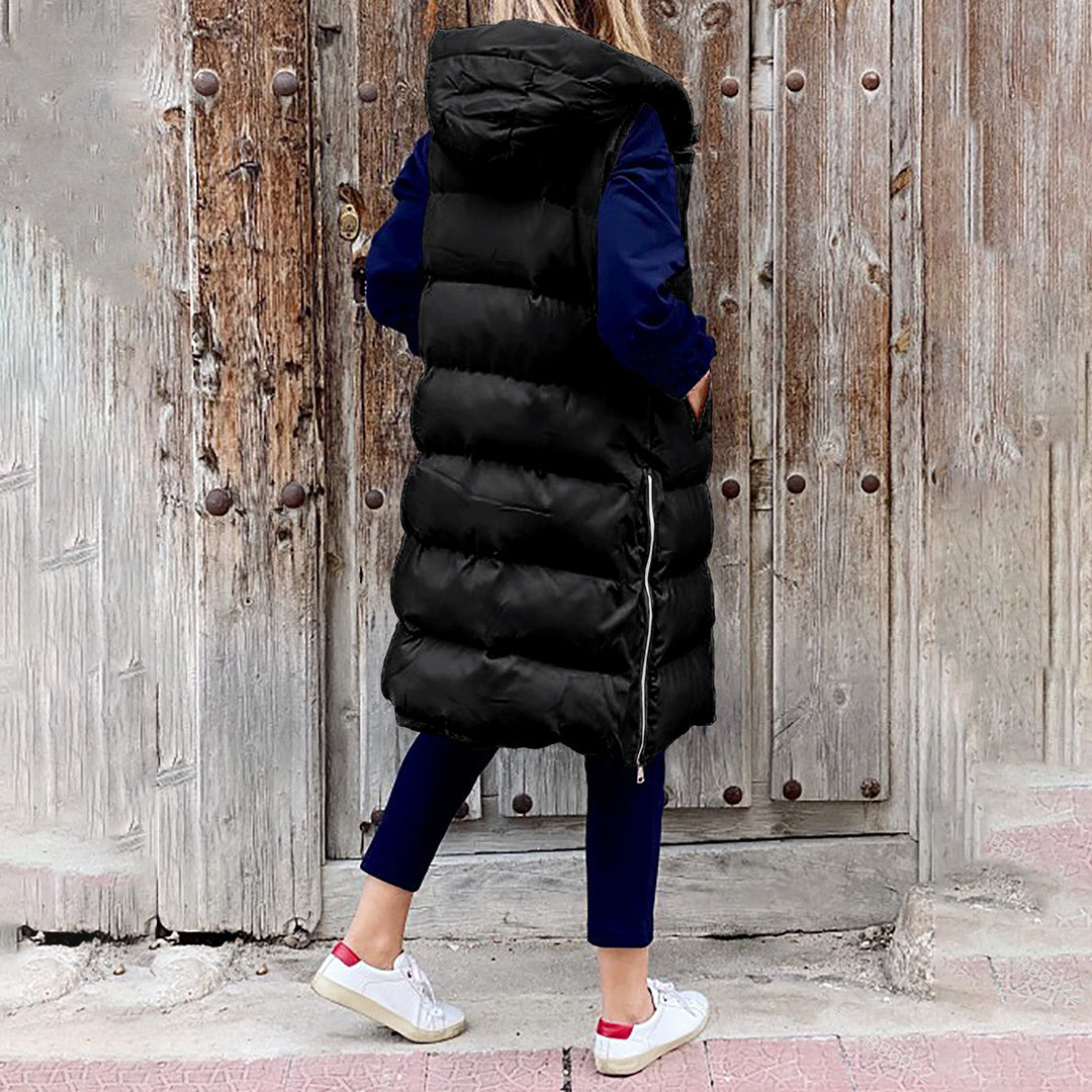 Puffer-Weste | Lang | Mit Kapuze | Körperwärmer | Winterkleidung für Damen