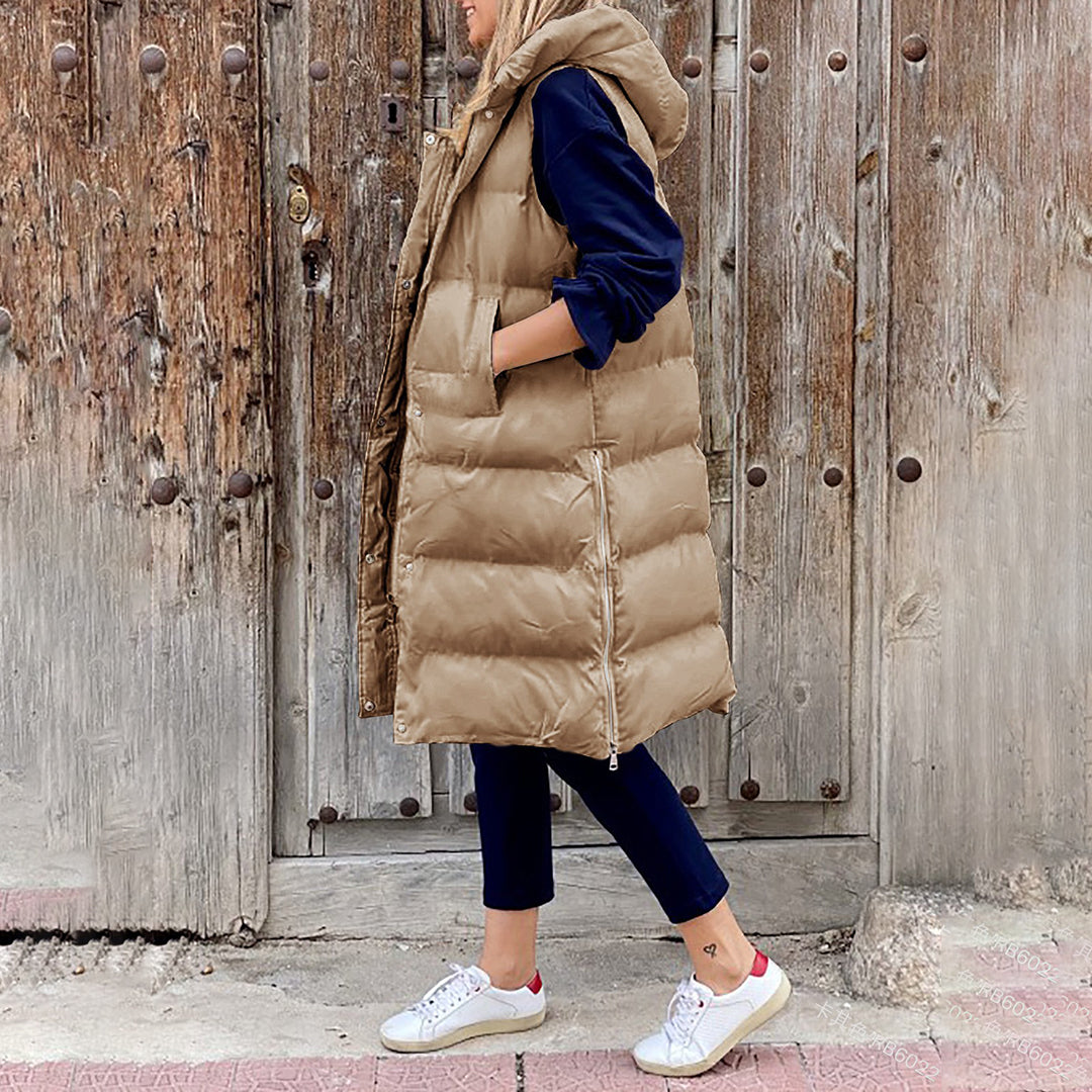 Puffer-Weste | Lang | Mit Kapuze | Körperwärmer | Winterkleidung für Damen