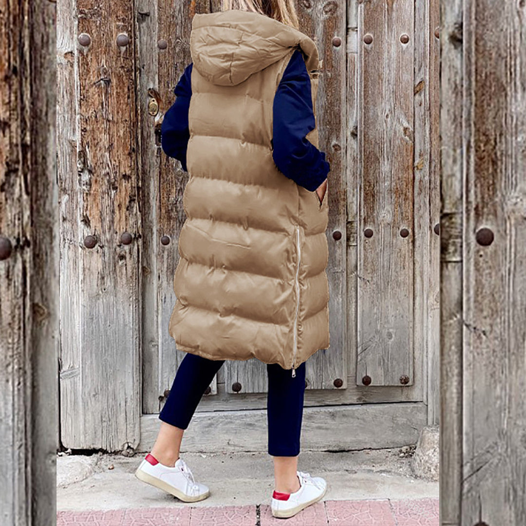 Puffer-Weste | Lang | Mit Kapuze | Körperwärmer | Winterkleidung für Damen
