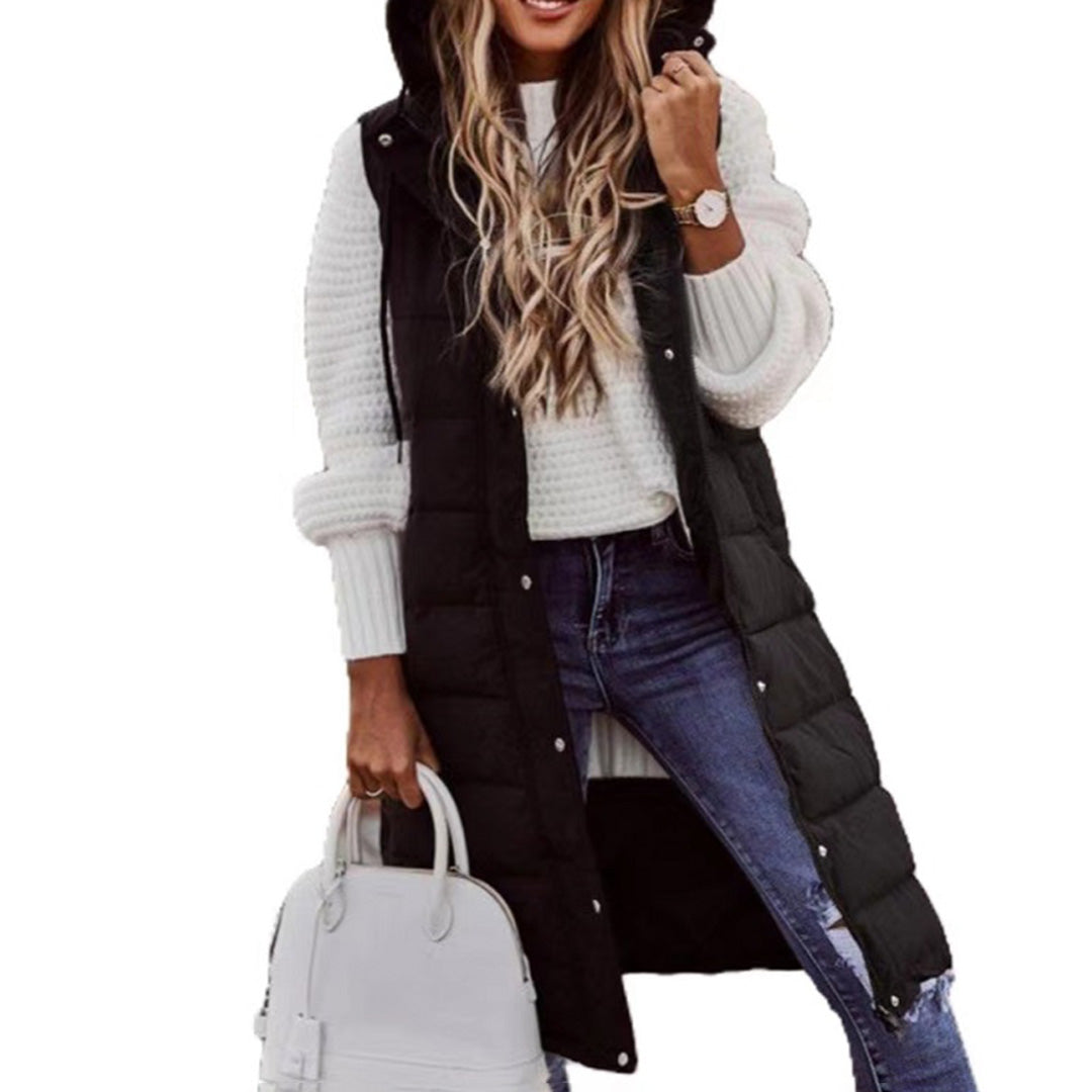 Puffer-Weste | Lang | Mit Kapuze | Körperwärmer | Winterkleidung für Damen