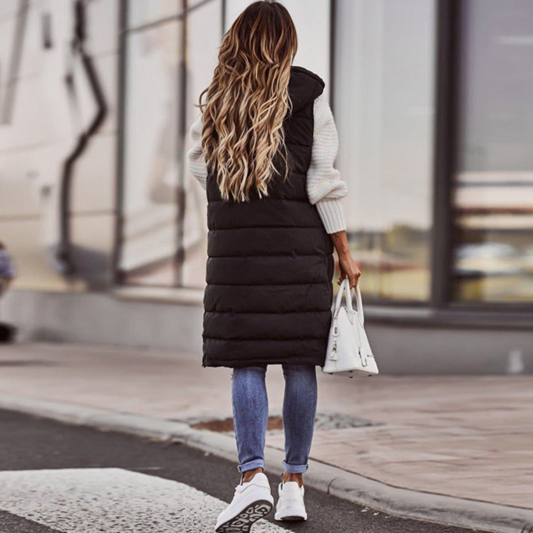 Puffer-Weste | Lang | Mit Kapuze | Körperwärmer | Winterkleidung für Damen