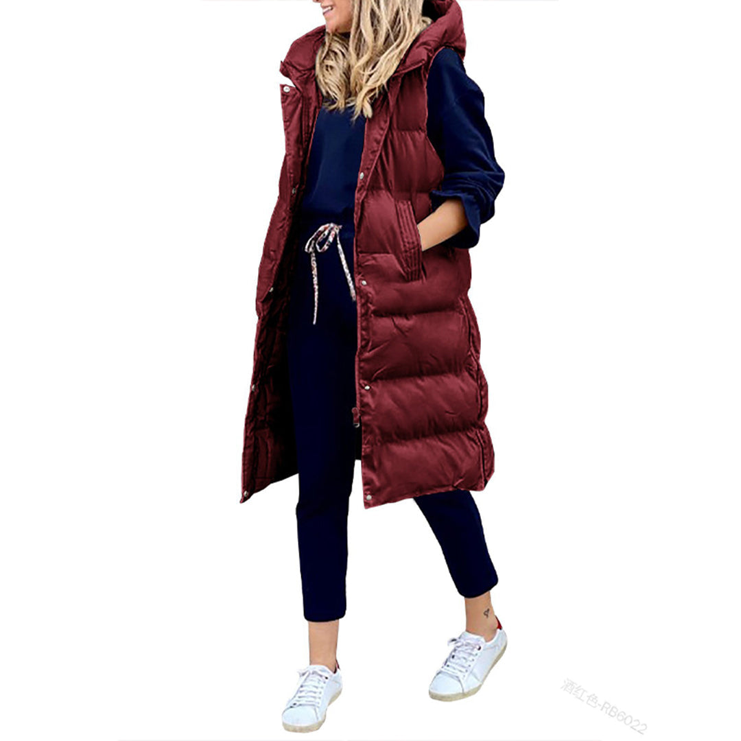 Puffer-Weste | Lang | Mit Kapuze | Körperwärmer | Winterkleidung für Damen