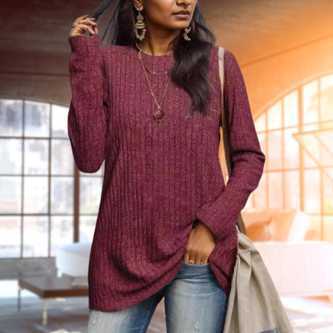 Pullover | Weite Passform | Rundhalsausschnitt | Geripptes Langarmshirt | Damenbekleidung