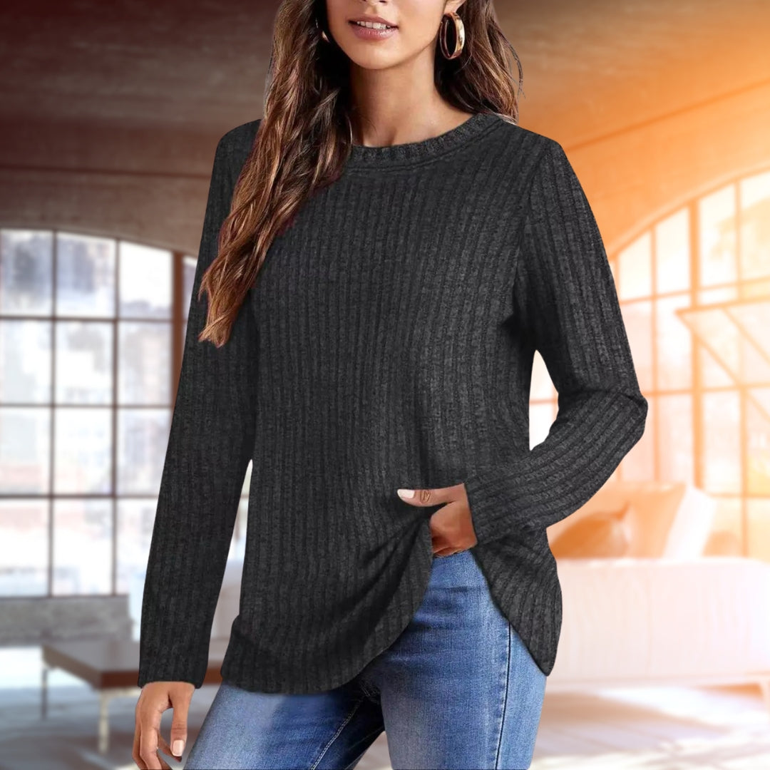 Pullover | Weite Passform | Rundhalsausschnitt | Geripptes Langarmshirt | Damenbekleidung
