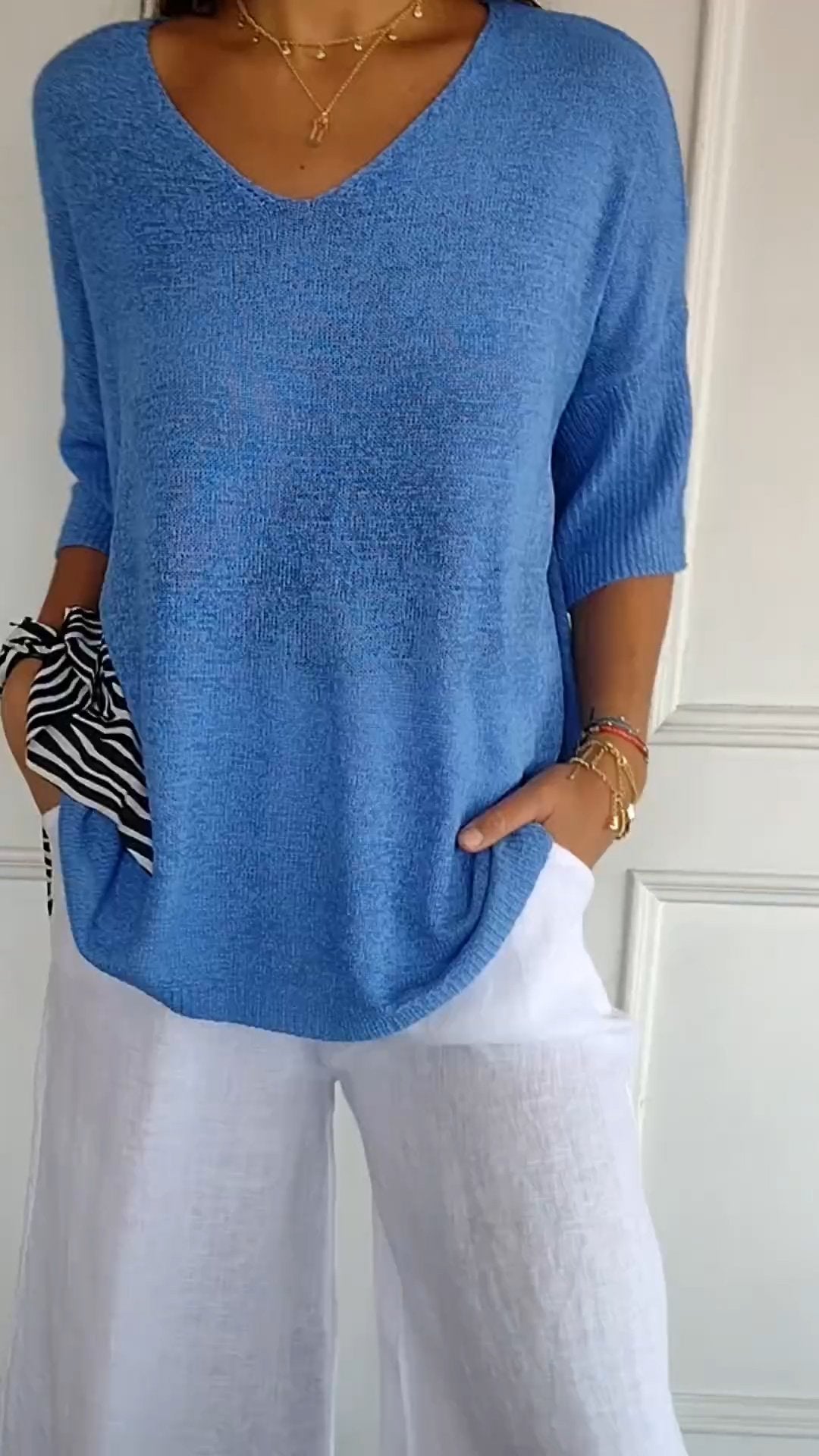 Pullover mit V-Ausschnitt – Lockere Passform – Halblange Ärmel – Strickware – Langarm – Damenbekleidung