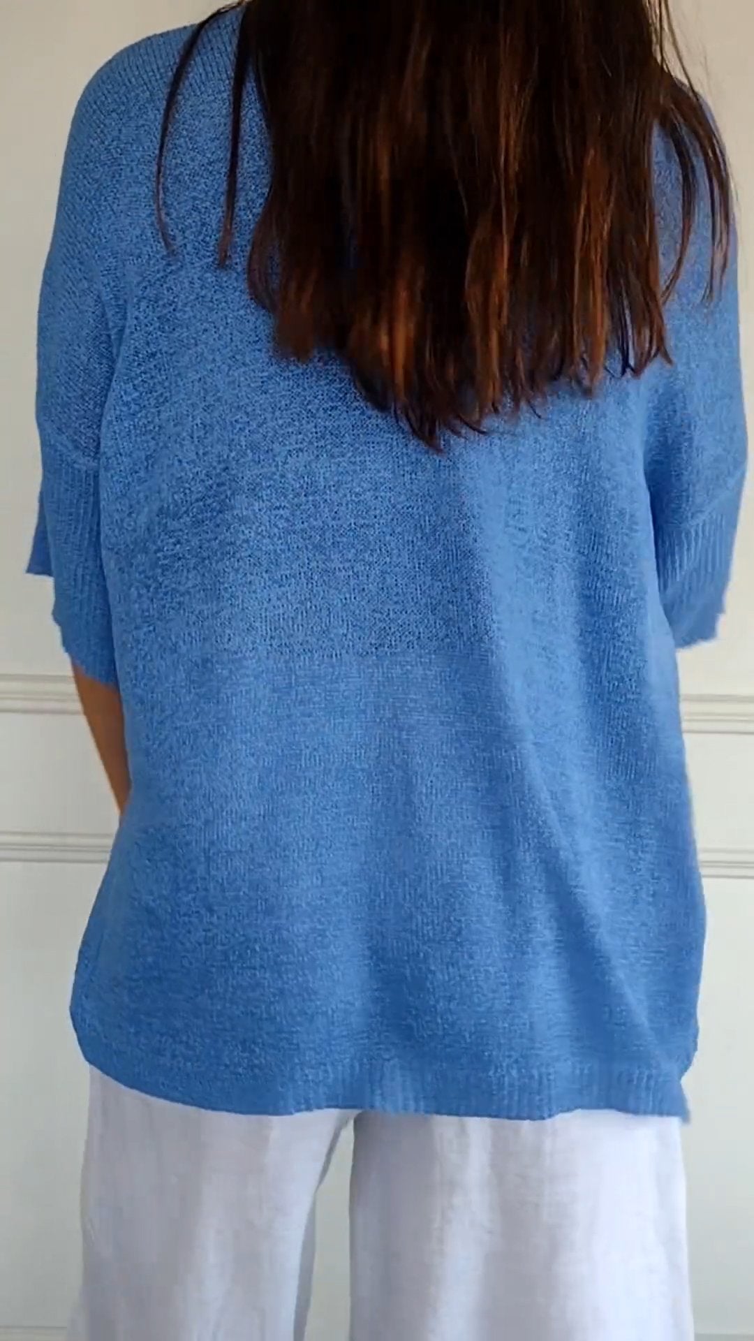 Pullover mit V-Ausschnitt – Lockere Passform – Halblange Ärmel – Strickware – Langarm – Damenbekleidung