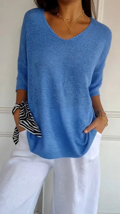 Pullover mit V-Ausschnitt – Lockere Passform – Halblange Ärmel – Strickware – Langarm – Damenbekleidung