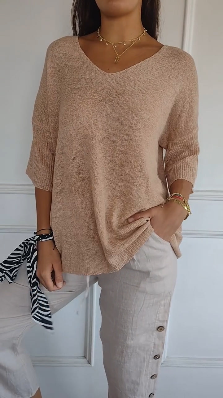Pullover mit V-Ausschnitt – Lockere Passform – Halblange Ärmel – Strickware – Langarm – Damenbekleidung
