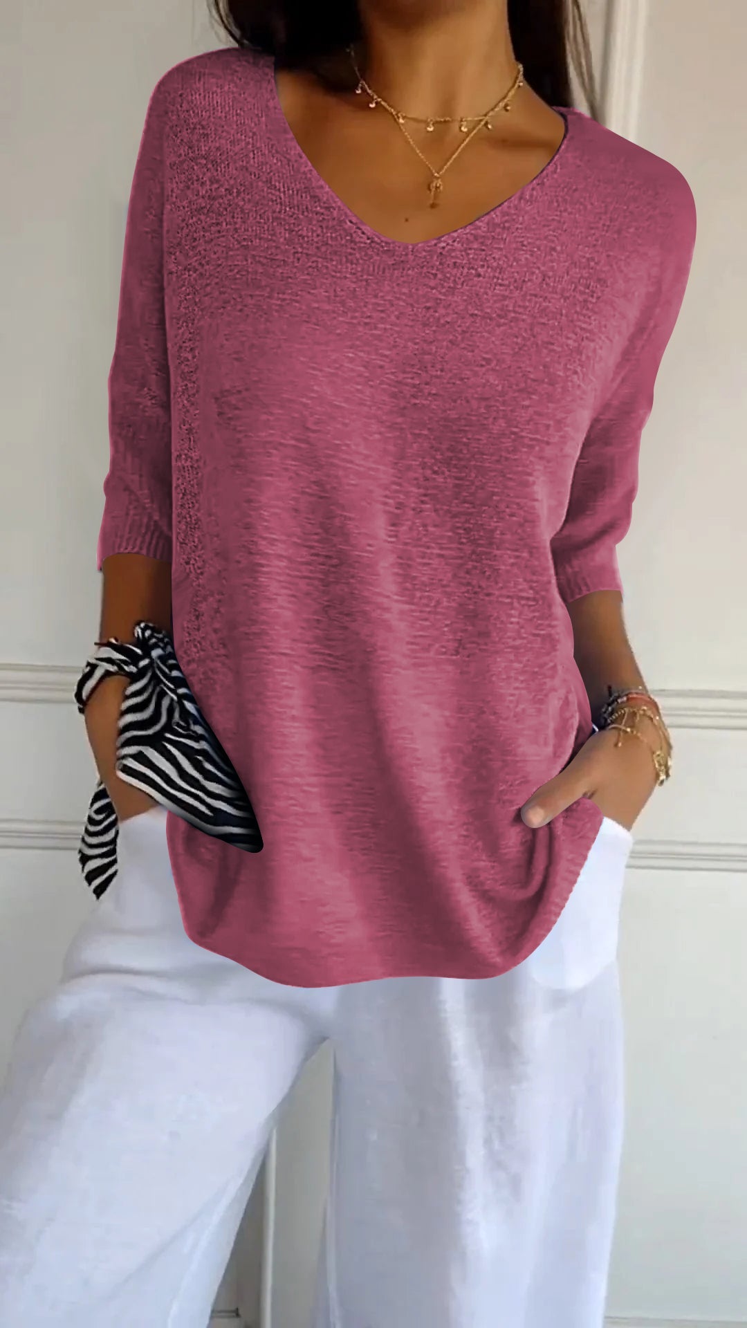 Pullover mit V-Ausschnitt – Lockere Passform – Halblange Ärmel – Strickware – Langarm – Damenbekleidung