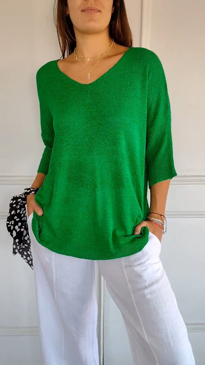 Pullover mit V-Ausschnitt – Lockere Passform – Halblange Ärmel – Strickware – Langarm – Damenbekleidung