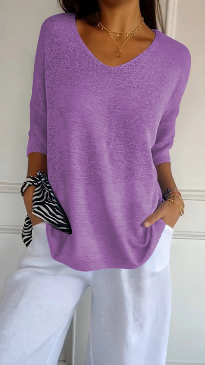 Pullover mit V-Ausschnitt – Lockere Passform – Halblange Ärmel – Strickware – Langarm – Damenbekleidung
